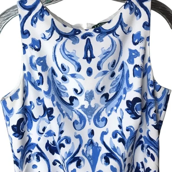 Ralph Lauren dress sz 10 sleeveless midi blue white artisan print classy elegant - Picture 6 of 11